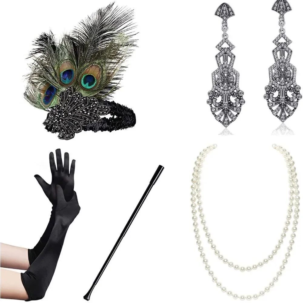 SET OF 5 1920s Flapper Gatsby Headband Earrings Necklace Gloves Cigarette Holder